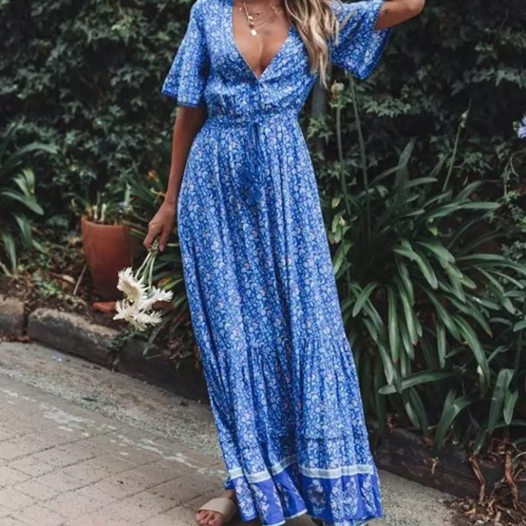 Blue Bohemian Gypsy Floral Short Sleeve V-Neck Long Casual Maxi Dress - Picture 3 of 6